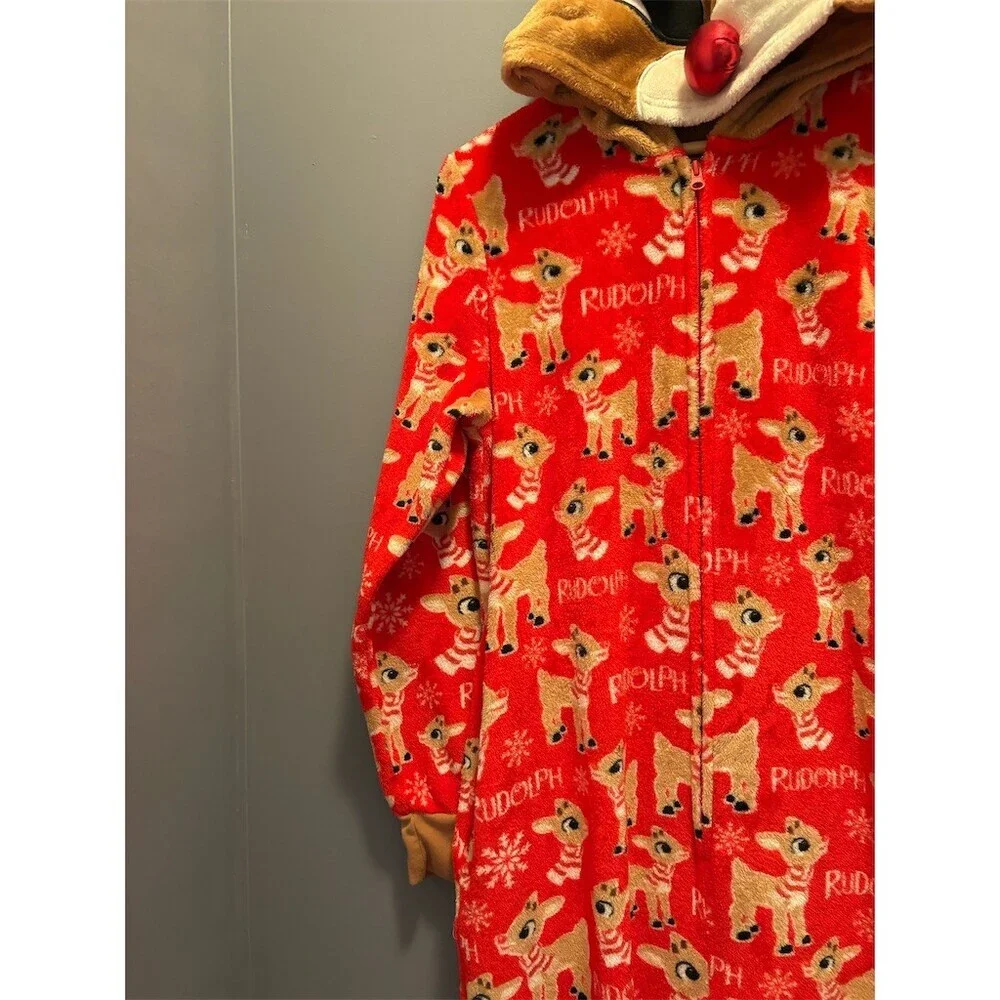 Rudolph Womens Hooded Zip One Piece Pajama Onesie Red Print Size 12-14 - Picture 5 of 11